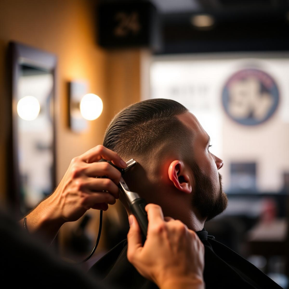 Barber giving a precise fade with clippers